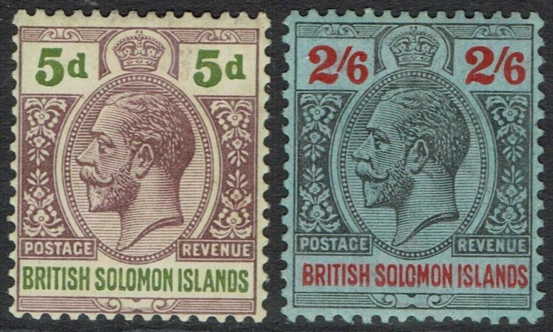 BRITISH SOLOMON ISLANDS 1914 KGV 5D AND 2/6 WMK MULTIPLE CROWN CA