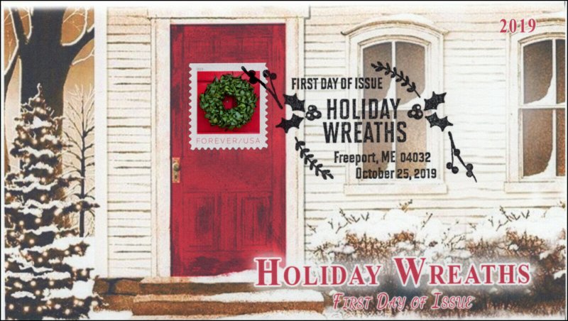 19-277, 2019, Holiday Wreaths, Pictorial Postmark, FDC, Christmas