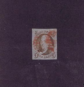 SC# 1 USED 5 CENT FRANKLIN, 1847, RED CANCEL PRE PRINTING PAPER CREASE