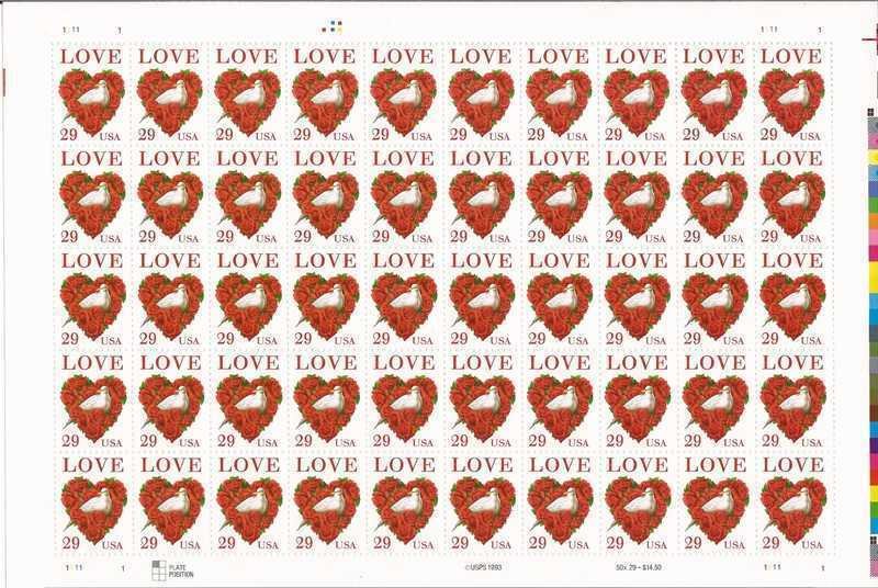 US Stamp - 1994 Love Wreath - 50 Stamp Sheet - Scott #2814C