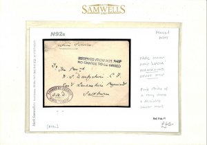 GB Cover WW1 NAVAL SUBMARINE BASE *HMS Lucia* OVAL CENSOR Mark N92b 