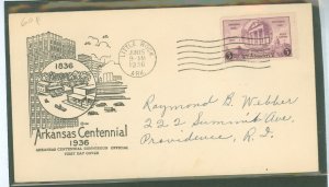 US 782 1936 3c arkansas centennial on an addressed fdc cover with an arkansas centennial commission official cachet, flap torn