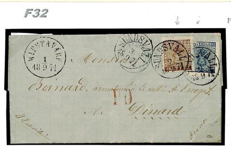 SWEDEN CLASSIC Cover 1871 30o Brown *Sundsvall* Destination FRANCE {samwells}F32