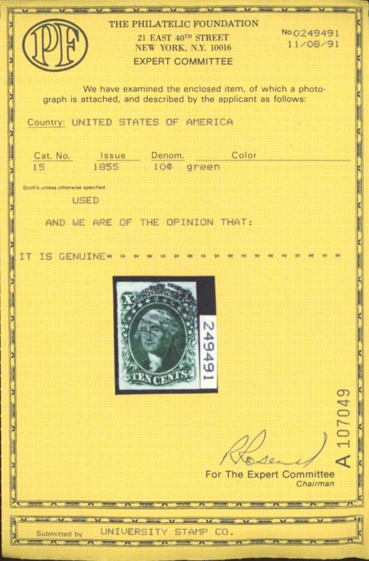 U.S. #15 USED WITH PF CERT