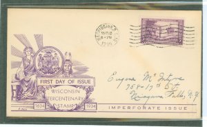 US 755 1935 3c Wisconsin Tercentenary imperf, special farley printing, single on an addressed first day cover with a Dyer cachet