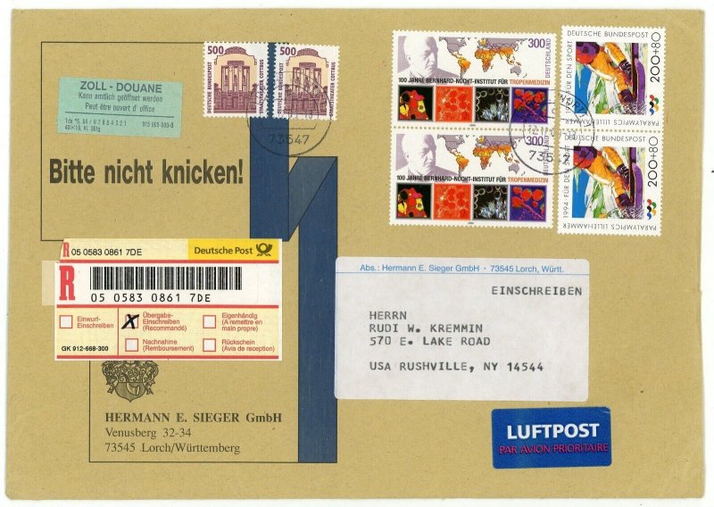 Germany to USA Deutsche Post Registered Airmail Priority Cover Customs Label  