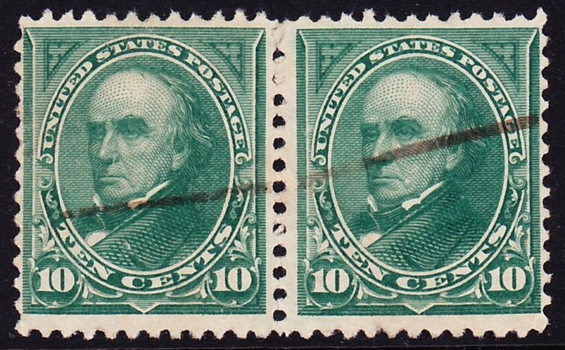 Scott 258, Used Pair, 10c Green Unwmk, Pen Stroke Cancel, Perf Seps