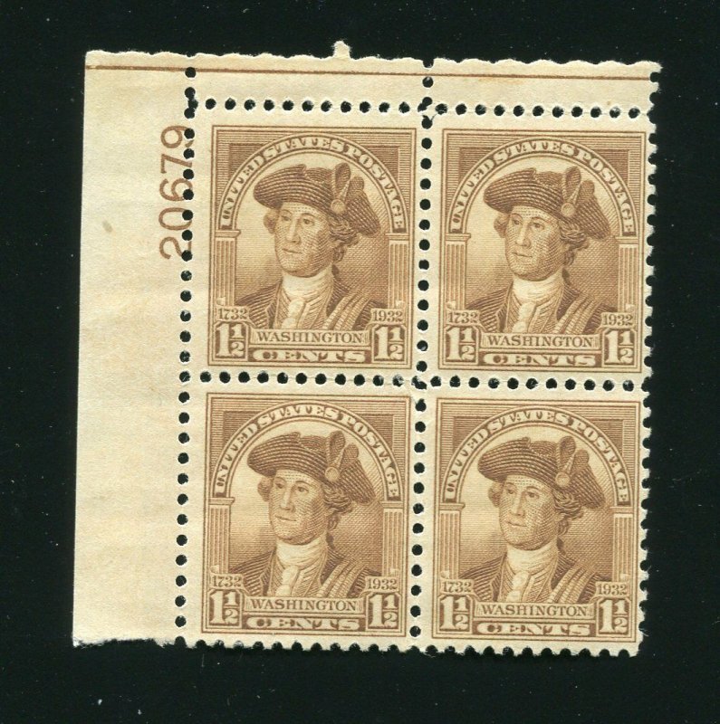 706 1 1/2¢  Washington Bicentennial Stamp Plate Block MNH 1932