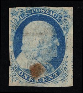 GENUINE SCOTT #9 F-VF USED 1852 BLUE TYPE-IV CONTEMPORARY BROWN CORK CANCEL