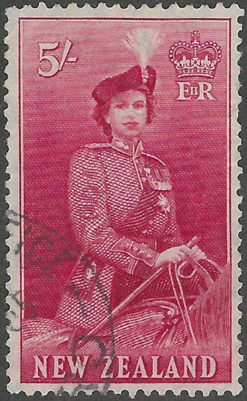 New Zealand, stamp, Scott#300, used, hinged, 5sh. Queen, red,