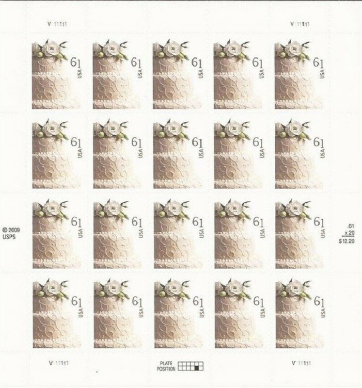 Wedding Cake Sheet of 20 U.S. Postage 61 Cent Stamps Scott 4398