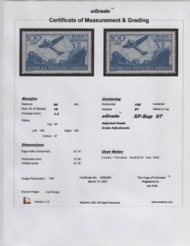 Romania Scott #C34 OG MNH eGraded With Certificate Superb 97