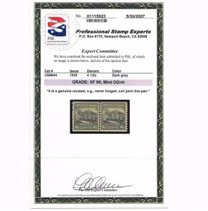 EXCELLENT GENUINE SCOTT #844 MINT PRISTINE OG NH PSE CERT GRADED XF-90 LINE PAIR