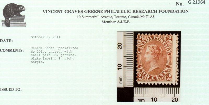 Canada #20iv Mint Imprint Copy **With Certificate**