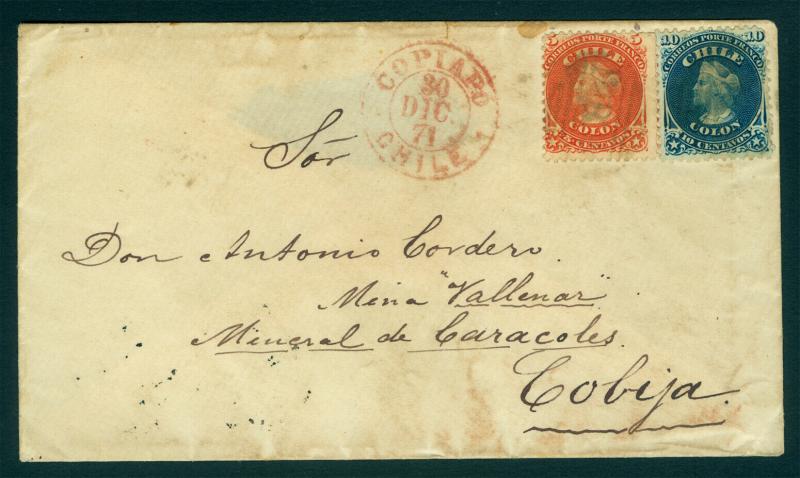 CHILE 1867 COLUMBUS combination cover 5c red +10c Sc#17-18 from COPIAPO to Cobya