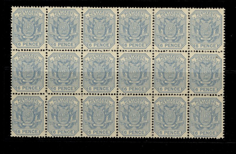 SOUTH AFRICA - Transvaal QV SG203 6d pale dull blue NH MINT. Cat £81 BLOCK OF 18