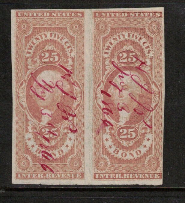 USA #R43a Used Fine - Very Fine Pair With Neat Magenta Manuscript Cancels