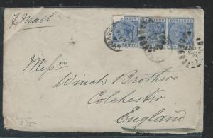 BARBBADOS (P2706B) 1892 QV 2 1/2D STRIP OF 3 COVER TO ENGLAND