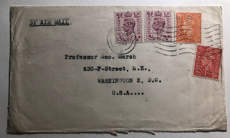 1944 London England Commercial Cover To Washington DC Usa Perfin Stamp