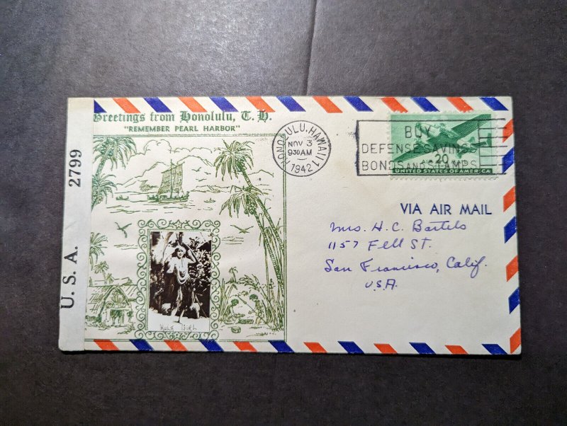 1942 USA Airmail Cover Honolulu HI to San Francisco CA USA Remember Pearl Harbor