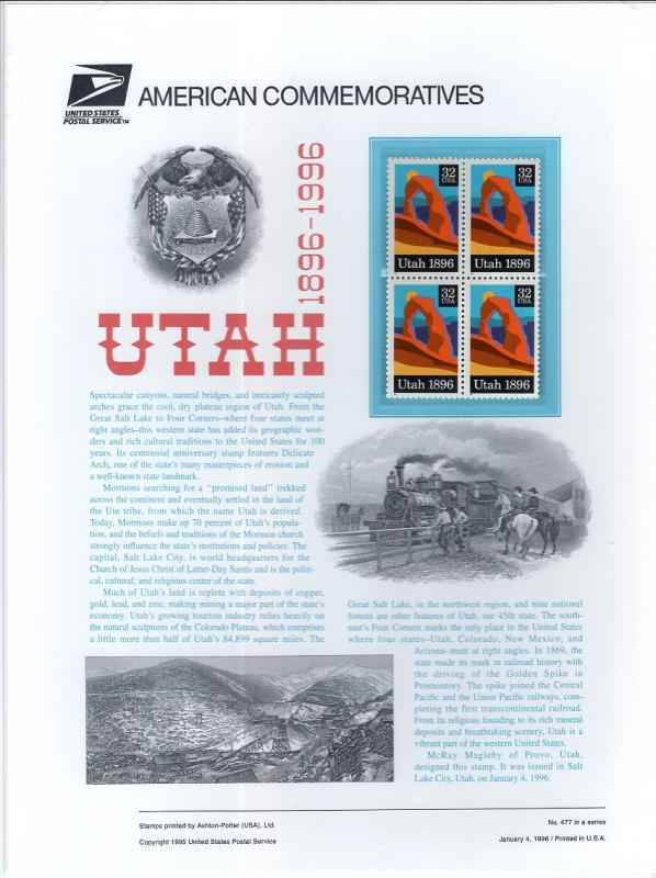 US CP480 Utah Statehood 3024 Commemorative Panel Mint