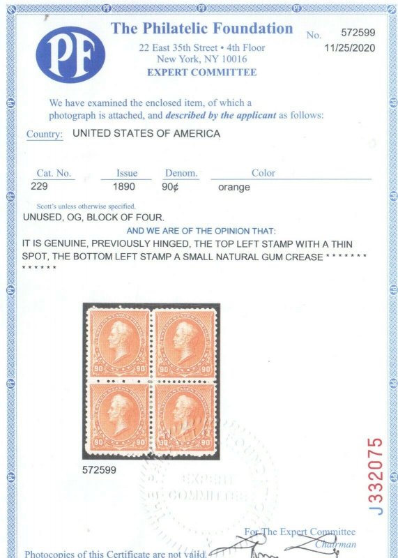 USA #229 Mint Fine - Very Fine Block Full Original Gum Hinged **W\ Certificate**