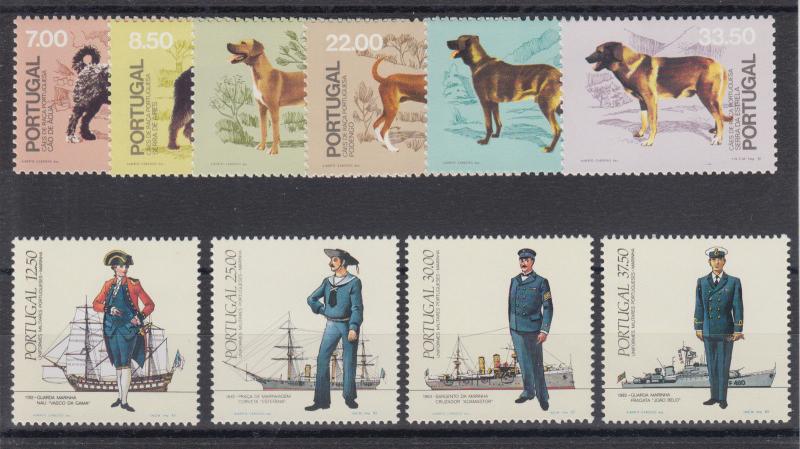 Portugal Sc 1498/1562 MNH. 1981 Dogs, 1983 Uniforms, 2 cplt sets, VF