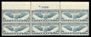 United States, Air Post #C24 Cat$110, 1939 30c dull blue, plate block of six,...