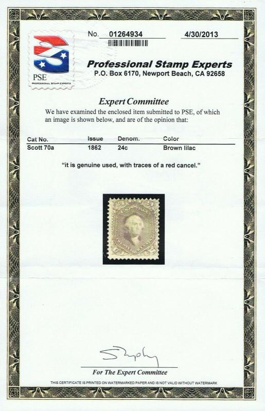 AFFORDABLE GENUINE SCOTT #70a USED 1862 BROWN LILAC PSE CERT APPEARS MINT