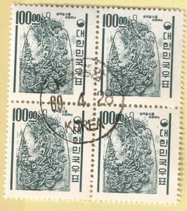South Korea, Scott # 372, used, Block of 4, CV = $ 12.00. Lot 260030 -07