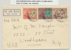 TRINIDAD & TOBAGO 1931 DOX FLIGHT COVER TO USA, HAB#18d 11d RATE(SEE BELOW)