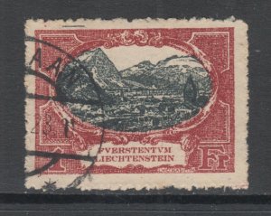 Liechtenstein Sc 69 used 1921 1fr View of Vaduz, Top Value to Set, F-VF