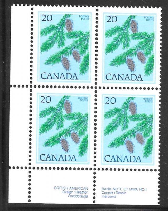 Canada 718ii: 20c Douglas Fir, Pseudotsuga menziesii, plate block, MNH, F-VF