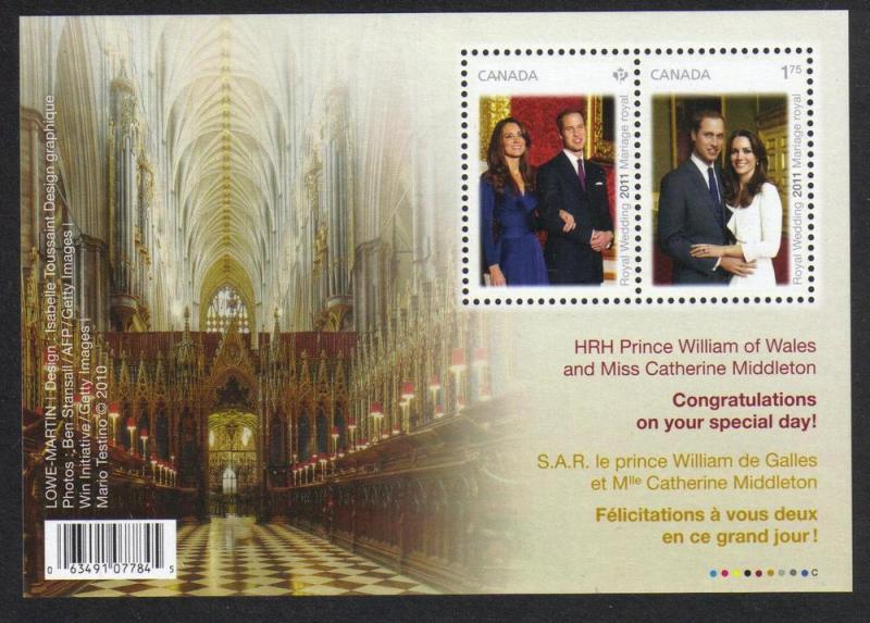 Canada #2465b mint souvenir sheet Royal Wedding, issued 2011