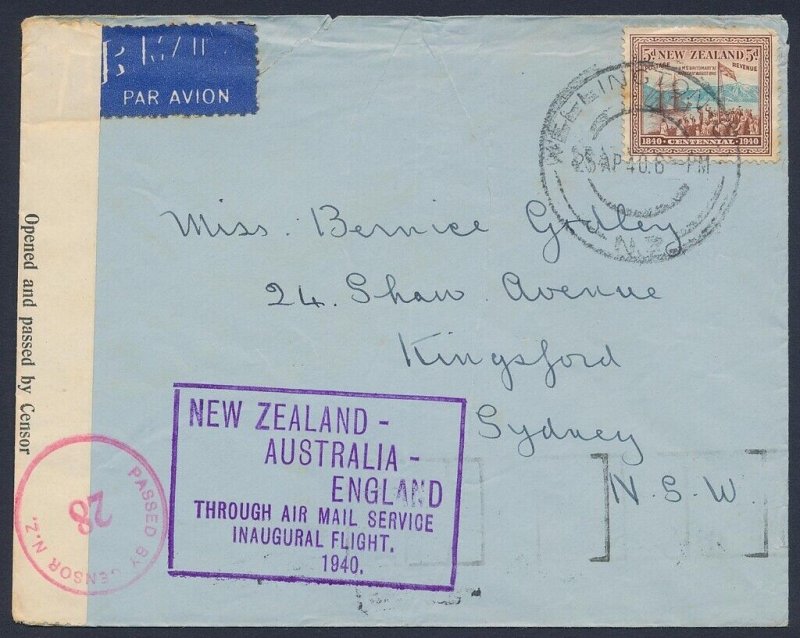 AUSTRALIA 1940 New Zealand-Australia censor airmail cover.