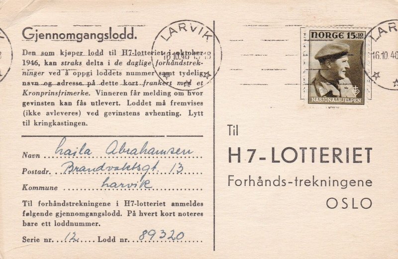 Norway 1946 Larvik Cancels Stamp Card to Oslo Ref 45654