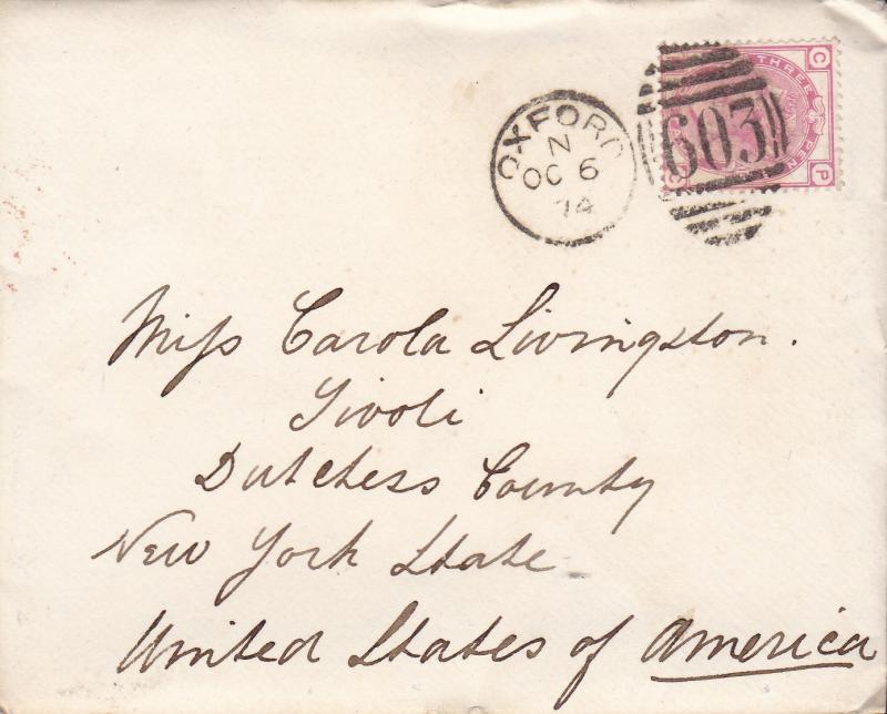 Great Britain 1874 3d Queen Victoria Oxford 603 Duplex on Cover to New York.