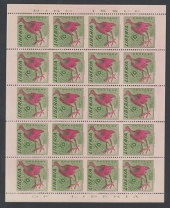 Liberia Sc 345 MNH. 1953 10c Jacara Bird, intact sheet of 20, imperf vertically