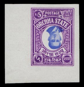 Indian States - Orchha, 1935 5r bright blue and plum, center inverted, imperf...