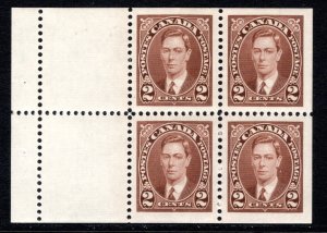 Scott 232a, 2c, KGVI Mufti Issue, booklet pane of 4x2c + 2 labels, MNHOG, VF