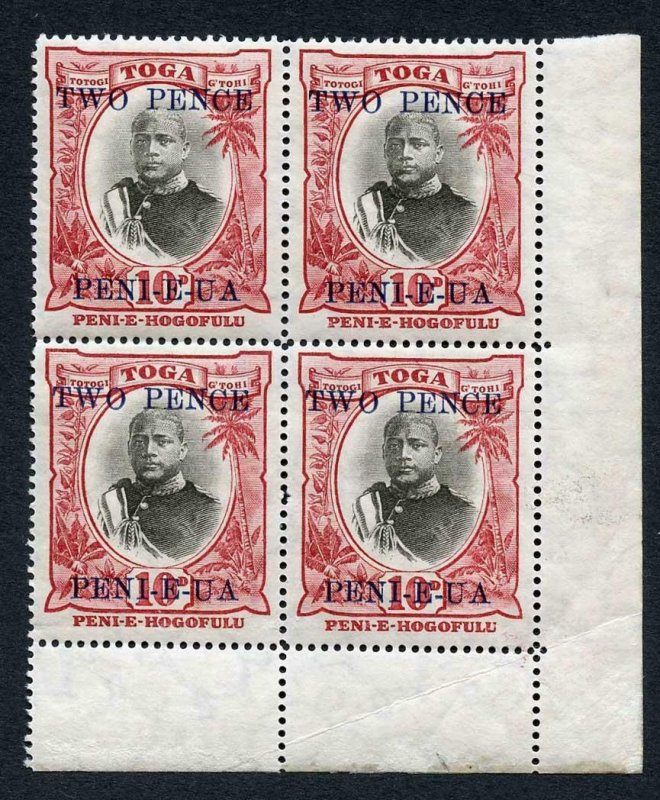 Tonga SG66 1923-4 2d on 10d Corner Block (Plate retouch NW Corner) M/M