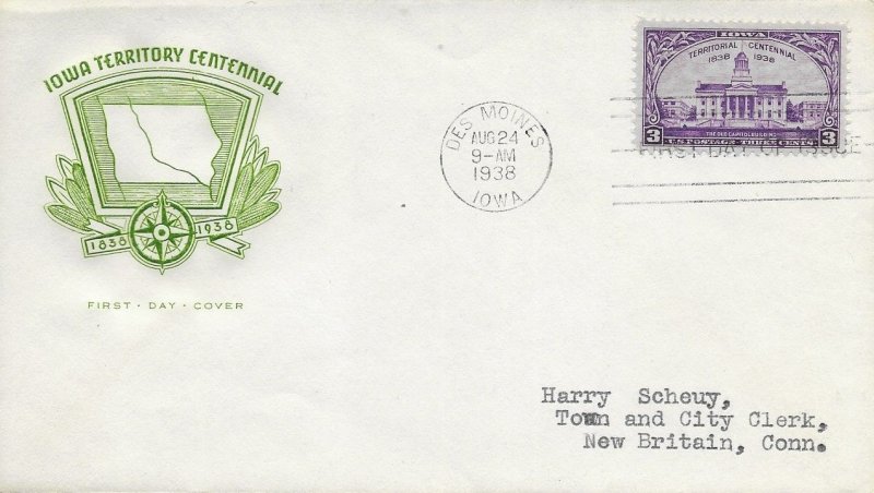 1938 FDC, #838, 3c Iowa Territorial Centennial, House of Farnam