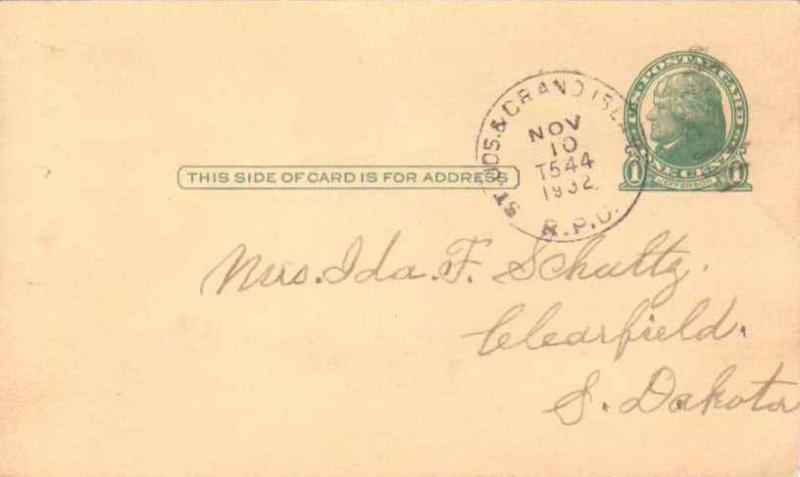 United States U.S. R.P.O.'s St. Jos. & Grand Island 1932 913-M-4  Postal Card.