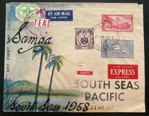 1958 Apia Samoa Hand Painted Airmail Express Cover Art First Day