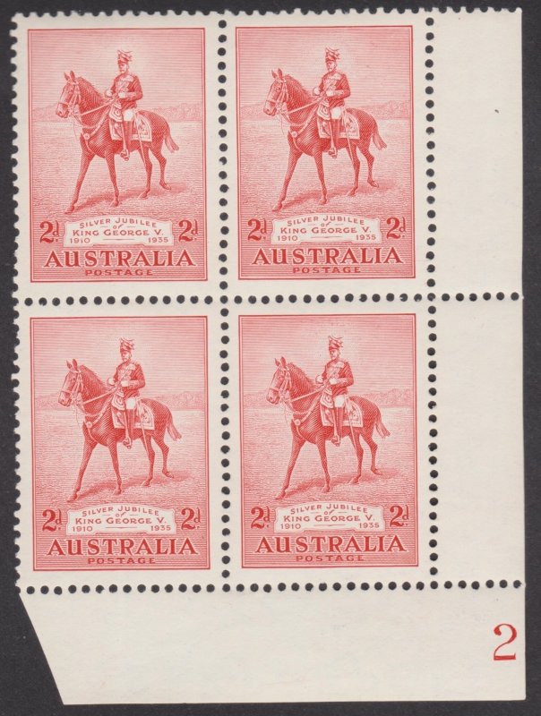 AUSTRALIA 1935 2d JUBILEE Bottom Right Plates 1 & 2 Blocks of 4  MNH/MLH
