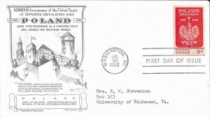 1966 FDC, #1313, 5c Poland's Millenium, Aristocrats-Lowry