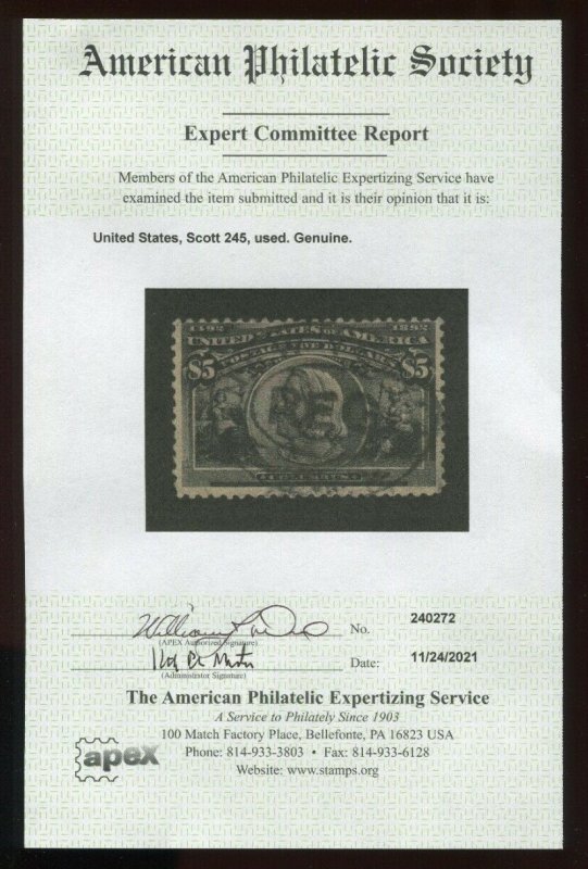 U.S. #245 Used with APS Cert 