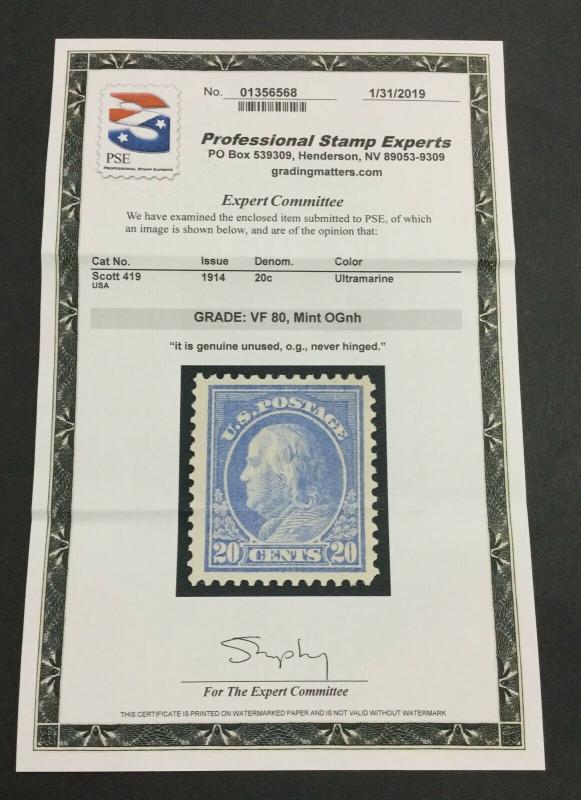 MOMEN: US STAMPS #419 MINT OG NH PSE GRADED CERT VF-80