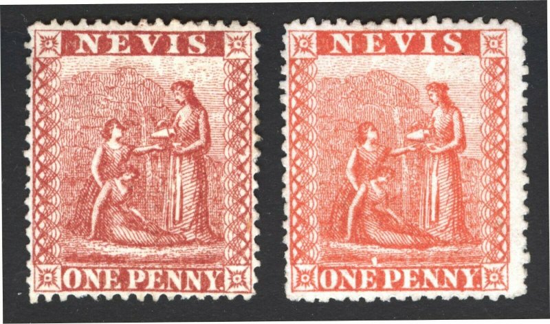 Nevis 1876 1d Dp Rose Red & Verm Red SG 16-17 Sc 14A-14B UN Cat £80($105)