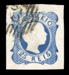 Portugal #6 Cat$25, 1855 25r blue, used, wide margins, thin